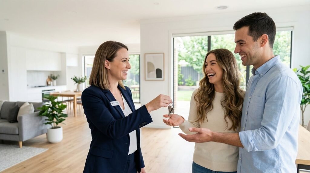 This balanced market is actually the best environment to buy in — if you know how to move real estate agent, key handover, happy couple, home purchase, living room interior, real estate, client, building, property sale, office, smiling, new home, housewarming, construction, customer service, home interior, real estate investment, residential property, investment purchase, ai generated